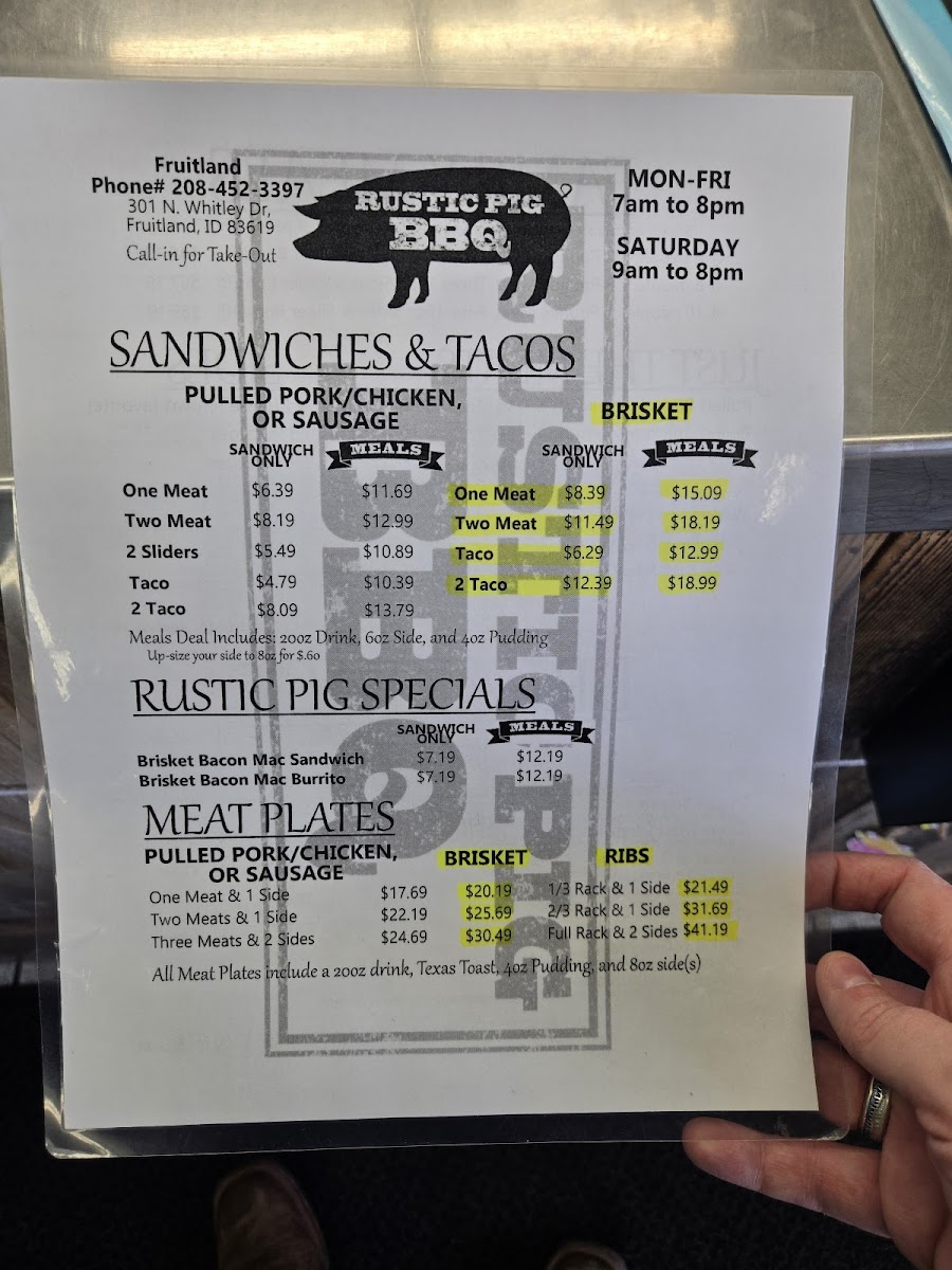 Menu Rustic Pig Bbq, Fruitland, Id-1