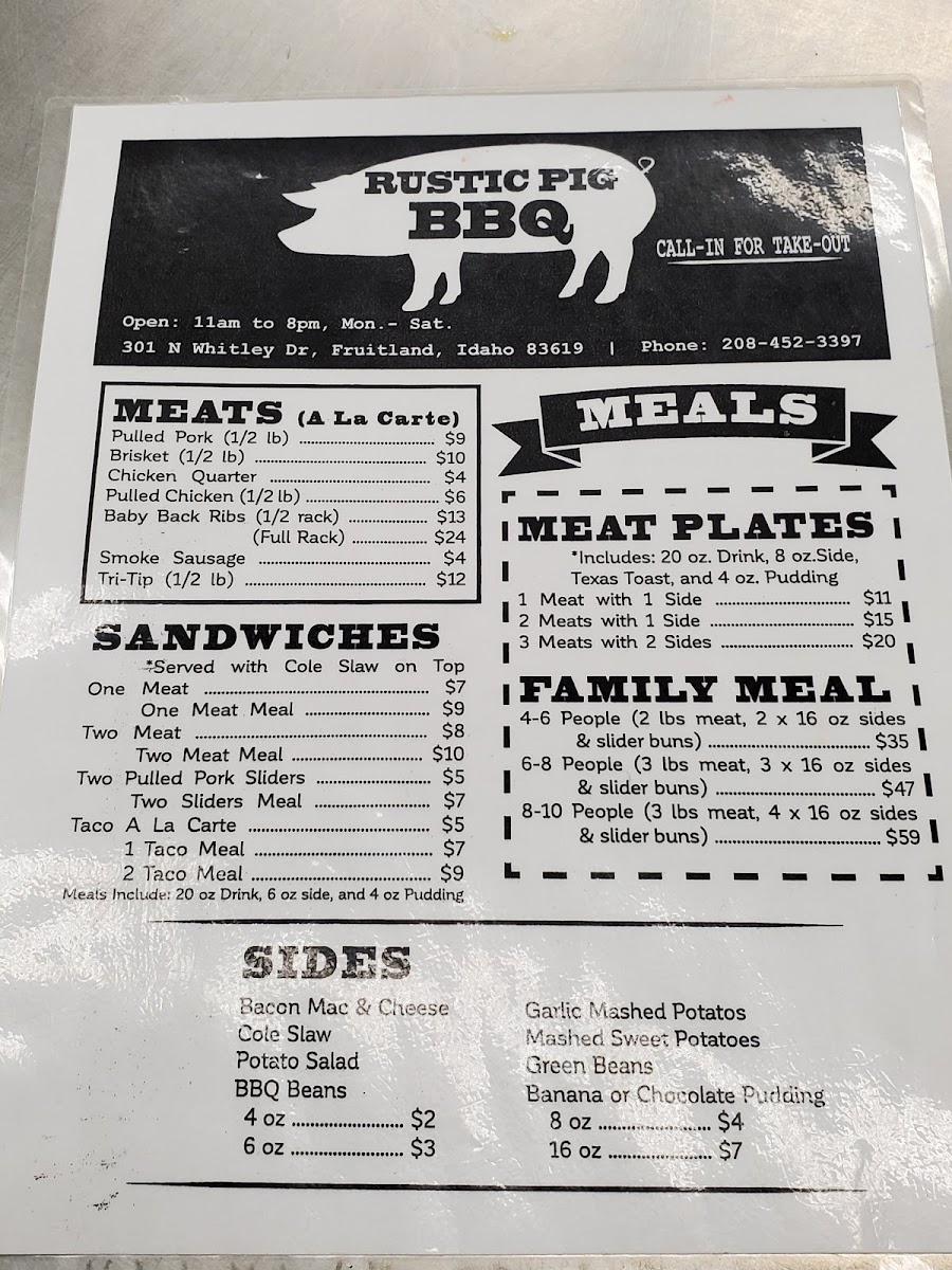 Menu Rustic Pig Bbq, Fruitland, Id-4